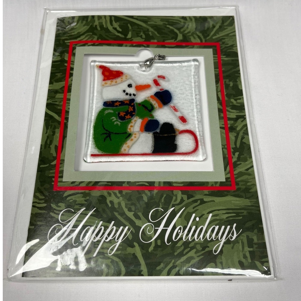 Peggy Karr Glass NEW Snowman on Sled Square Ornament With Happy Holidays Card